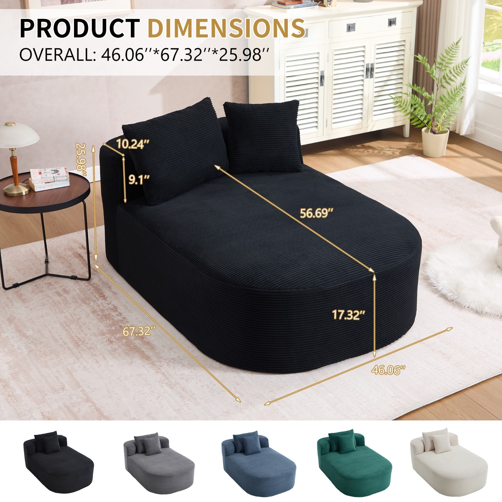67.5''Chaise Lounge Chair 46'' Wide Seat Indoor Corduroy Oversized Sleeper Sofa