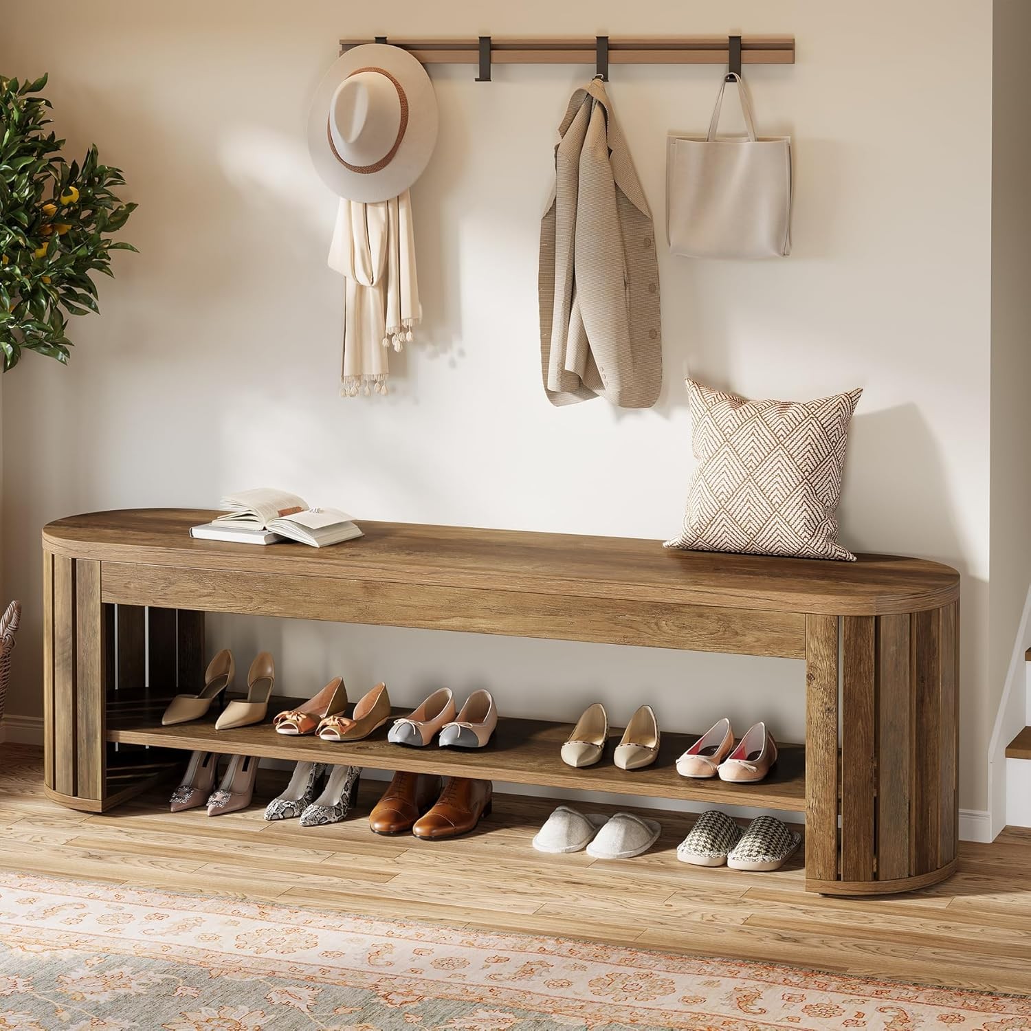 63-Inch Wooden Entryway Bench, Long 2-Tier Narrow Shoe Bench for Entrance-Brown