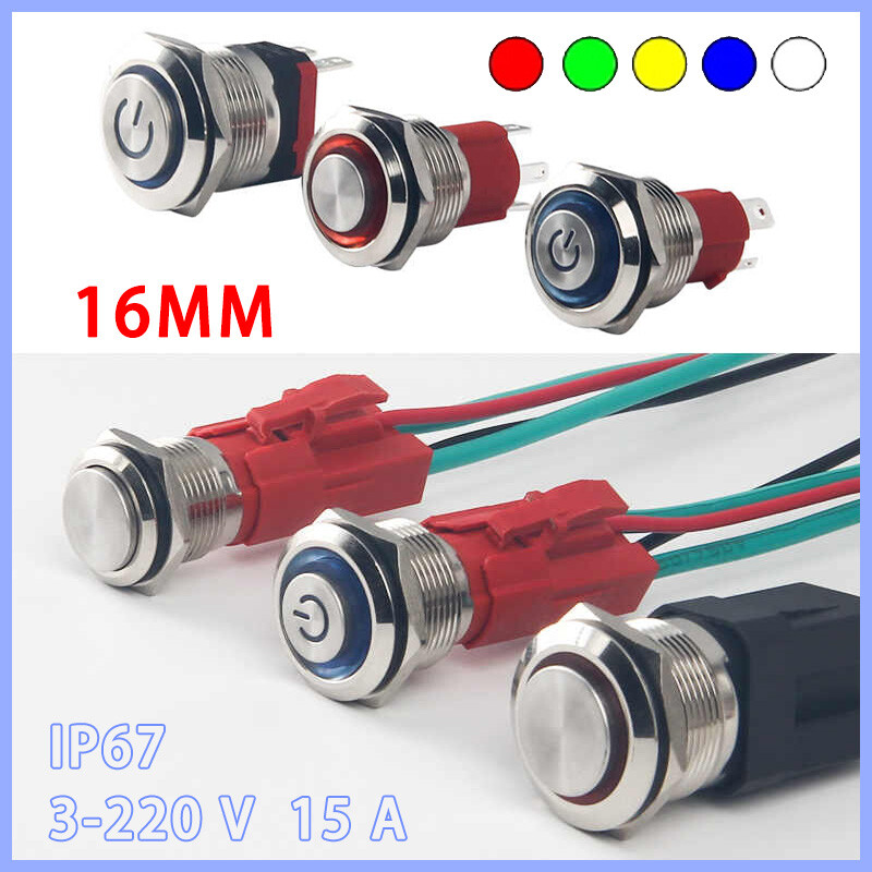16mm Metal LED Push Button Switch Momentary Latching ON/OFF Waterproof 3-220V