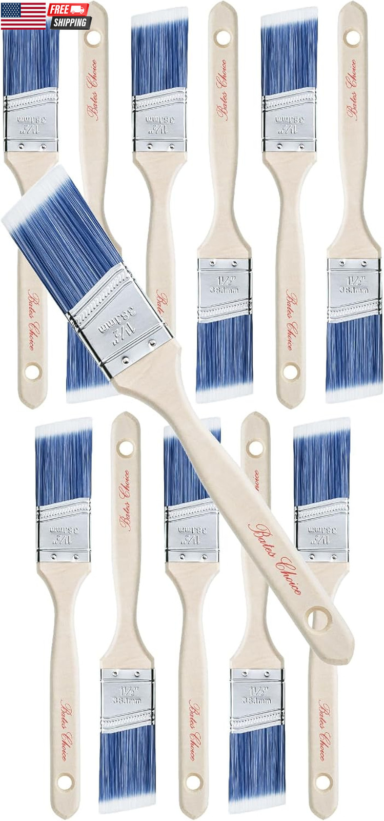 Bates- Paint Brushes, 12 Pack, 1.5", Treated Wood Handle Brushes for Walls | for