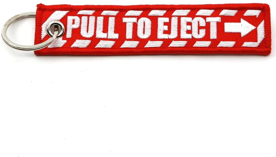 PULL to EJECT Key Chain - Red with White Embroidered Letters - Quantity = 1
