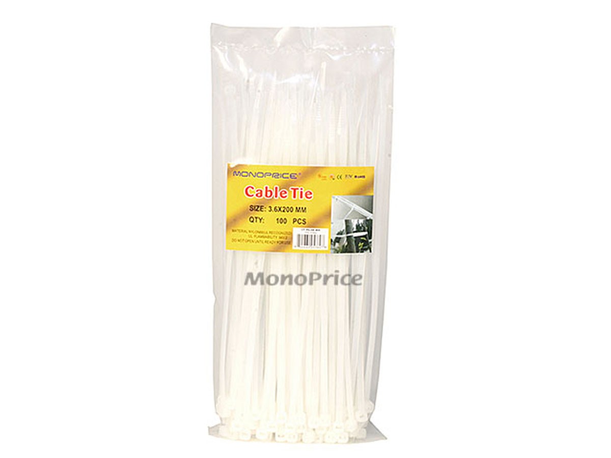Monoprice Cable Tie 8in 40 lbs, 100 pcs/pack, White