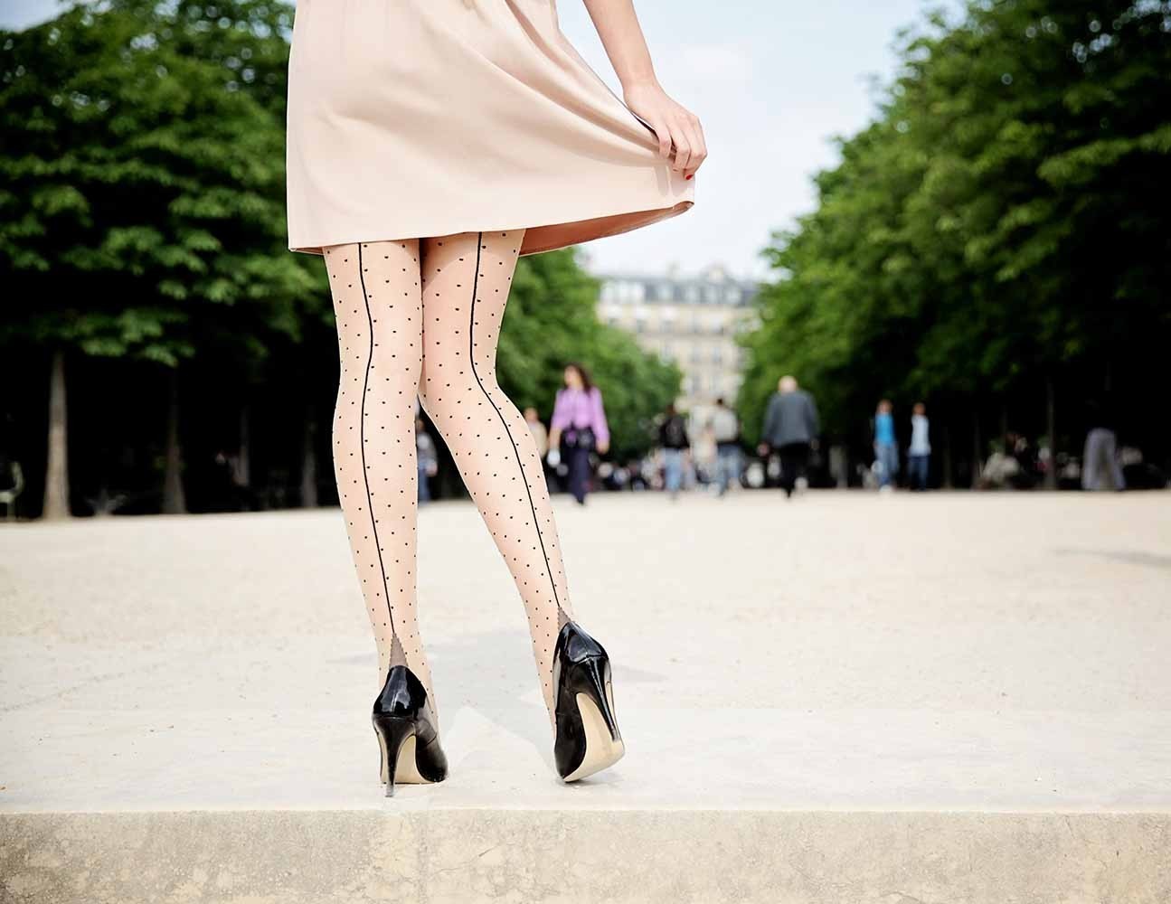 Nude Tights with Black Polka Dot Seam Retro Pinup Size 34 to 46 Pamela Mann