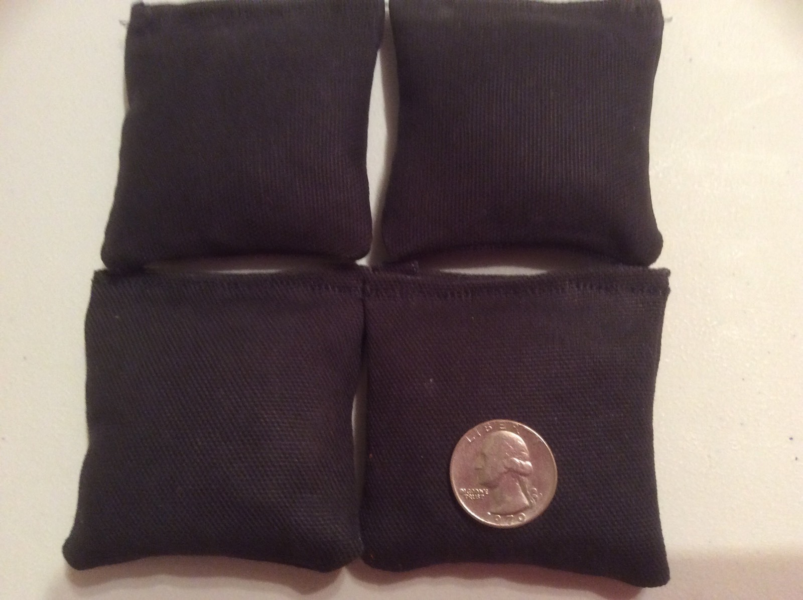 4 Black mini cornhole, bean bags, 3" X 3" made with duck canvas double stitched