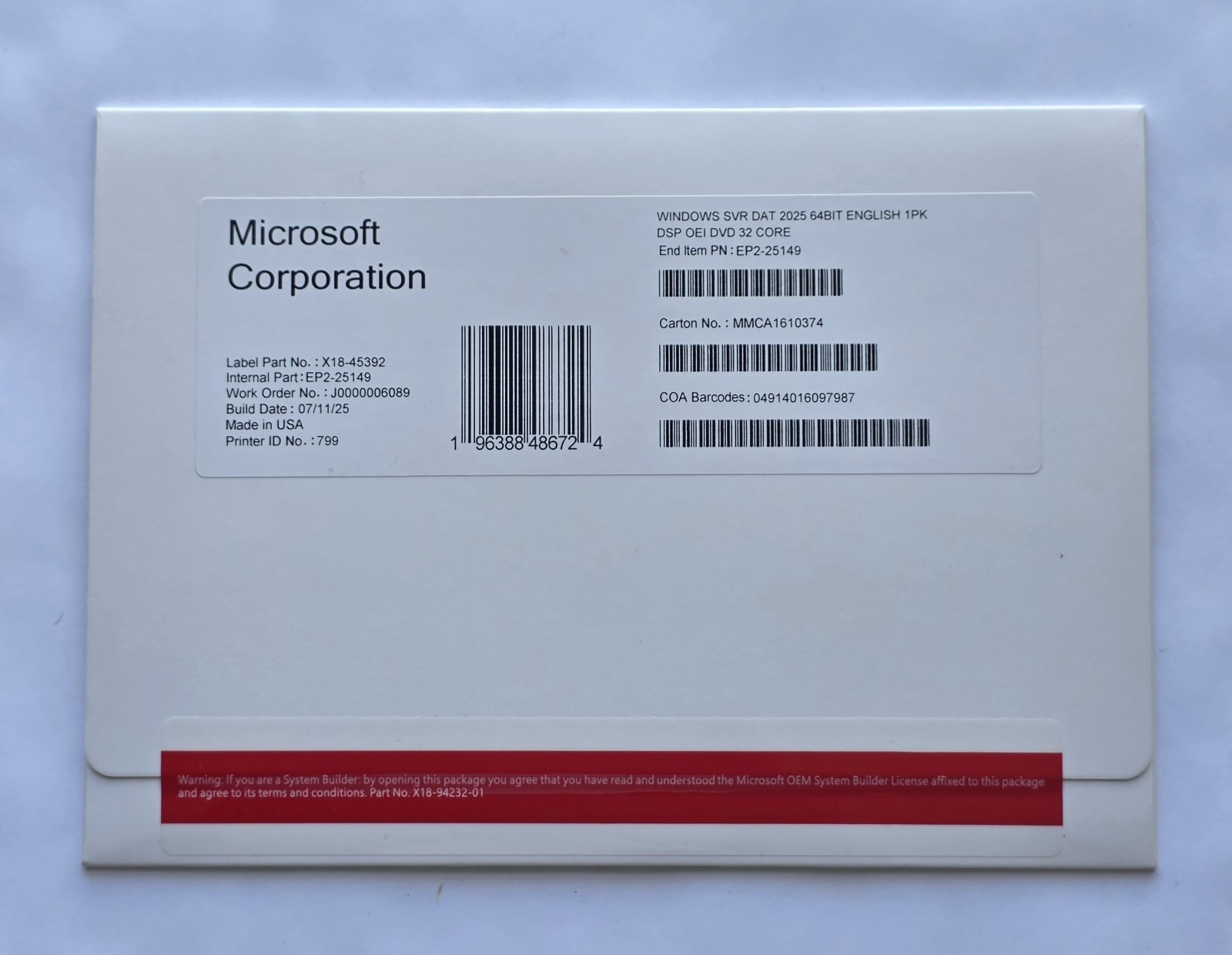 Microsoft Windows Server 2025 Datacentre 64Bit ENG DSP OEI 32 Core DVD+Key (NEW)