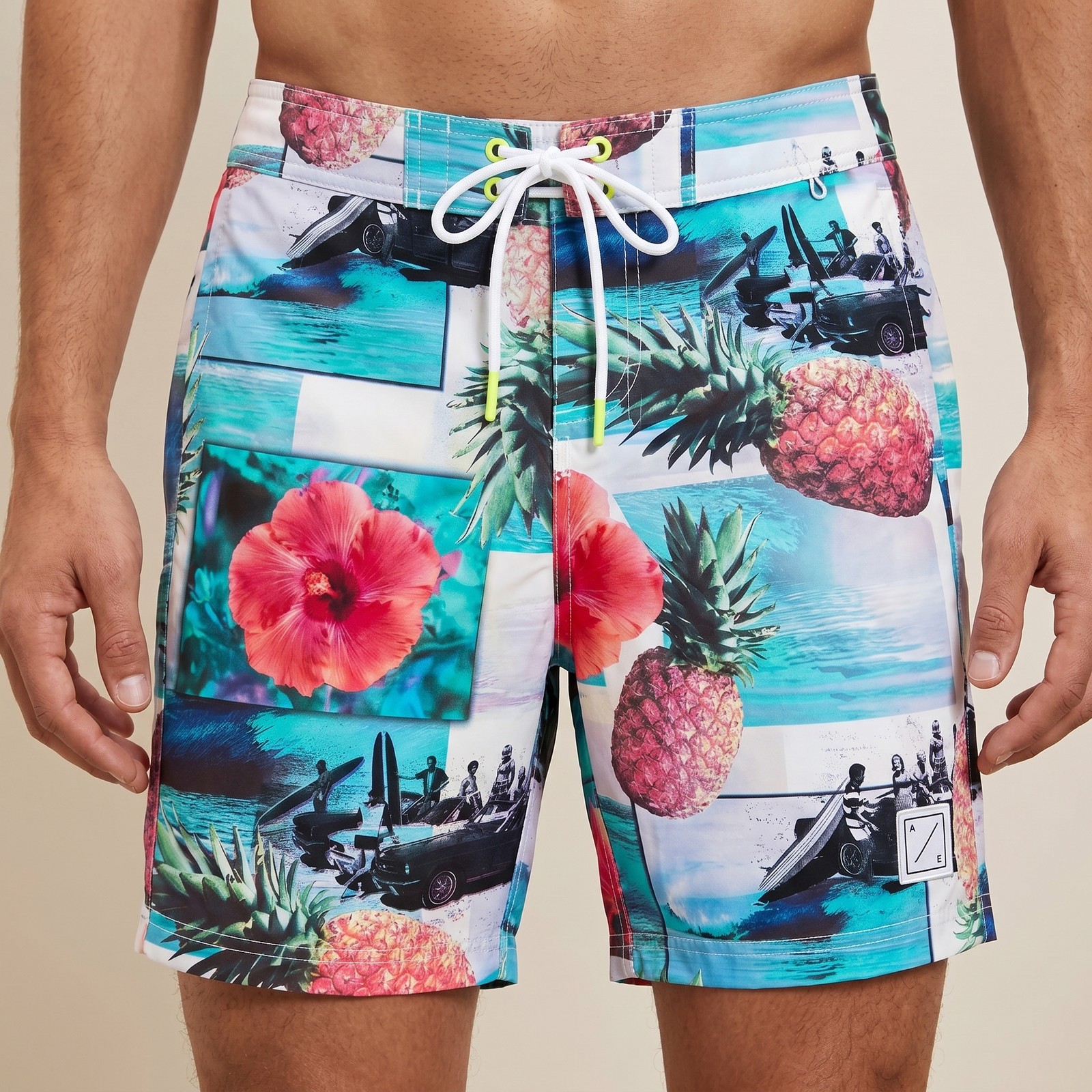 American Eagle Men's Swim Trunks Pineapple Hibiscus Tropical Retro Surf See Phot