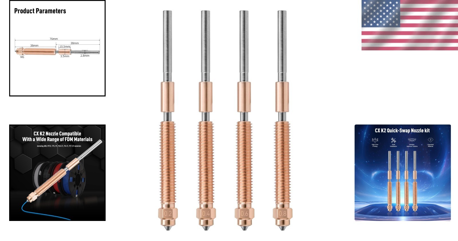 Hardened Steel Nozzle Set for Creality K2 Plus 3D Printer - 4 Sizes