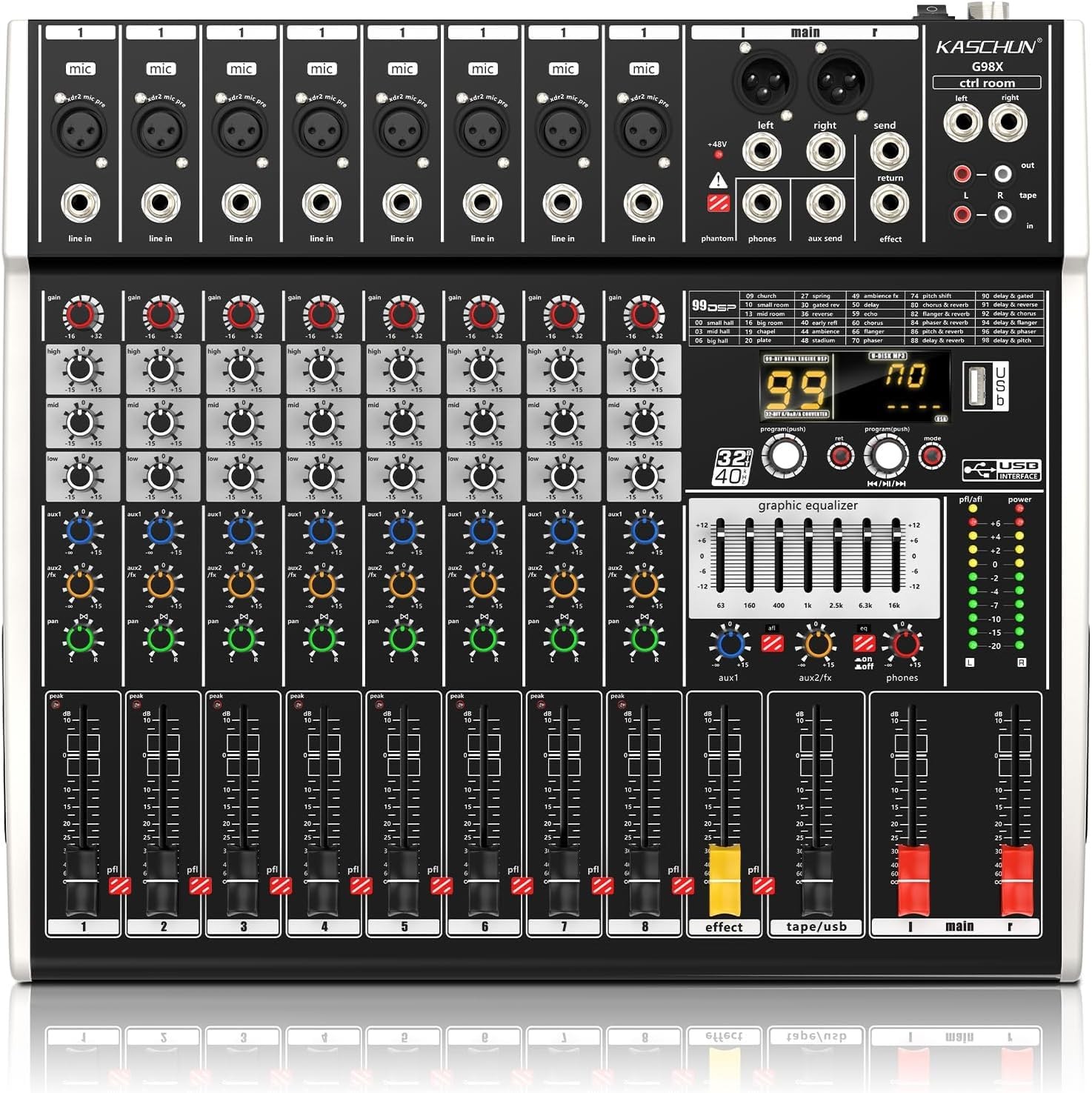 Kaschun 8-Channel DJ Audio Mixer with Bluetooth & 48V Phantom Power