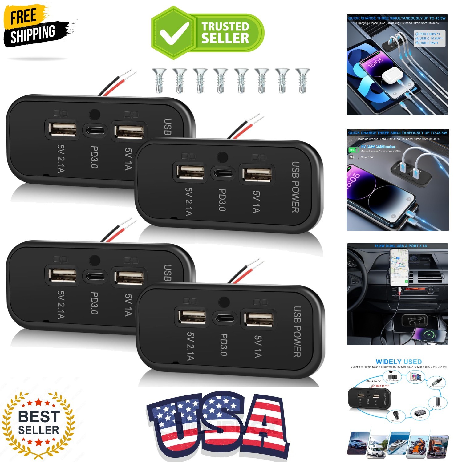 4PCS 3 Ports 12V RV USB Outlet 45.5W, PD3.0 Type-C Quick Charge & Dual A Port...