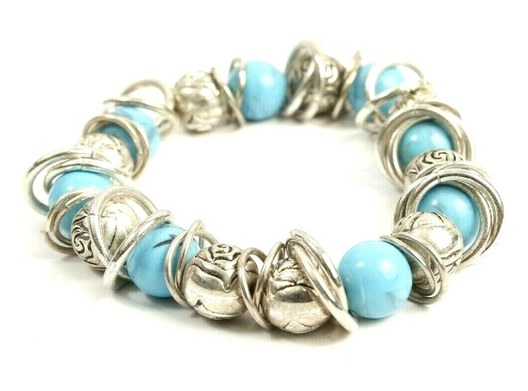 Silver and Blue Colored Stretchy Bracelet with Beads and Charms 8 Inches