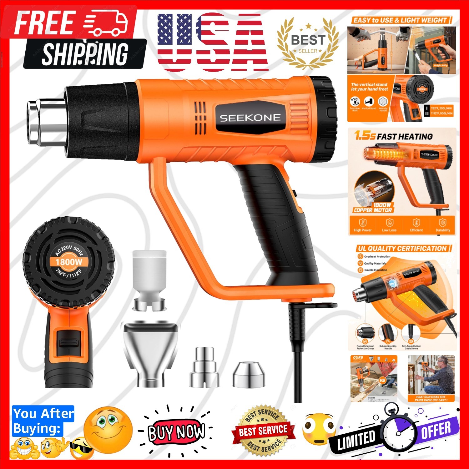 Heat Gun 1800W Heavy Duty Fast Heat Hot Air Gun Kit with 752℉&1112℉（400℃-600℃...