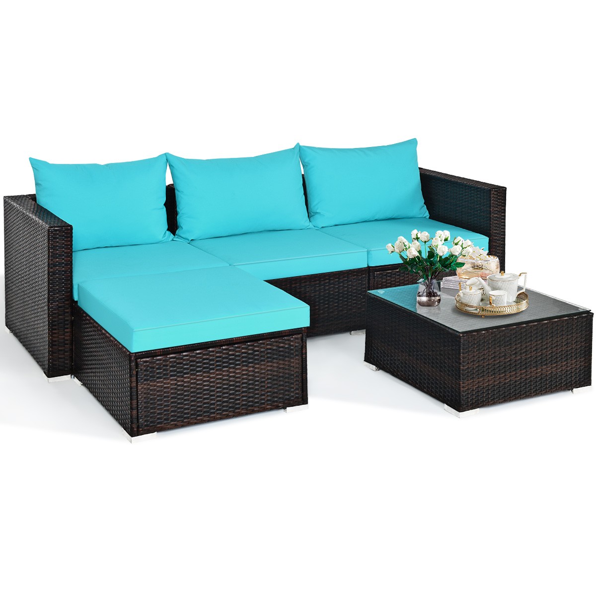 Topbuy 5PCS Patio Rattan Wicker Sofa Furniture Set Sectional Blue
