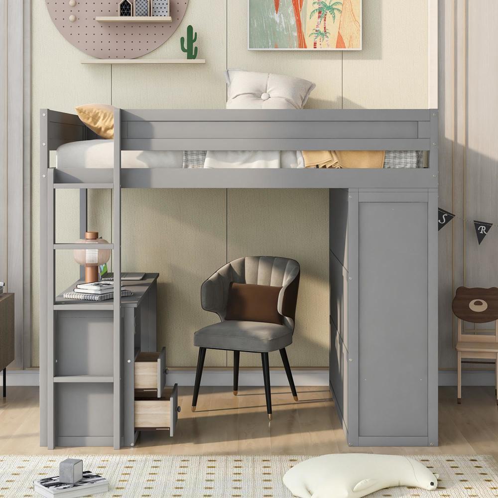 New Practical Modern Full Size Loft Bed with Wardrobes Drawer Desk with Cabinet