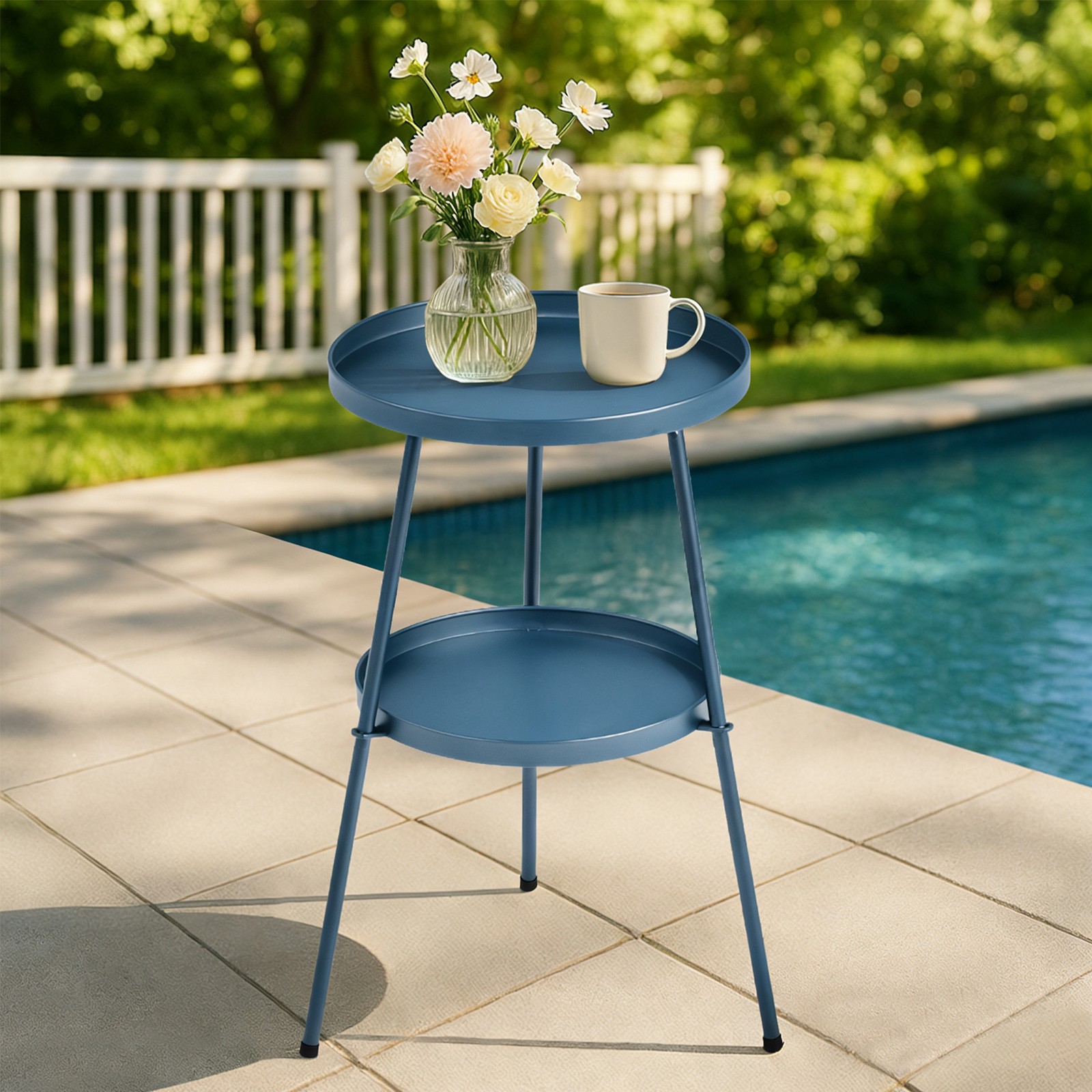 Patio Small Side Table, Round 2 Tier End Table, Metal Round Coffee Table