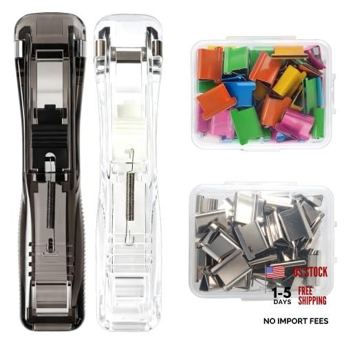 2 Pcs Portable Binder Clip Stapler, Reusable Handheld Paper Clam Clear + Black
