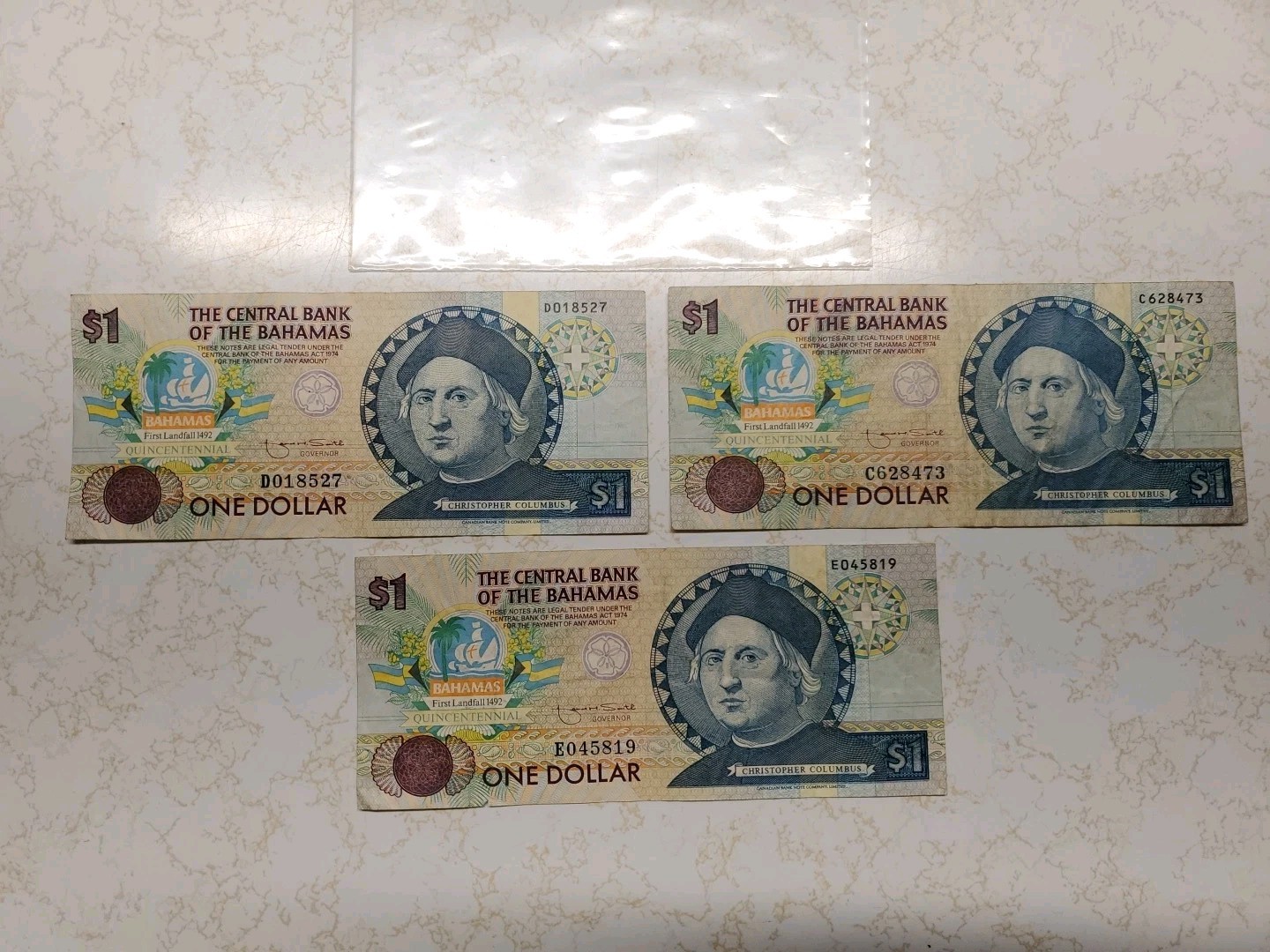 3 Vintage 1992 Central Bank of Bahamas Commemorative Columbus $1 Bills Currency
