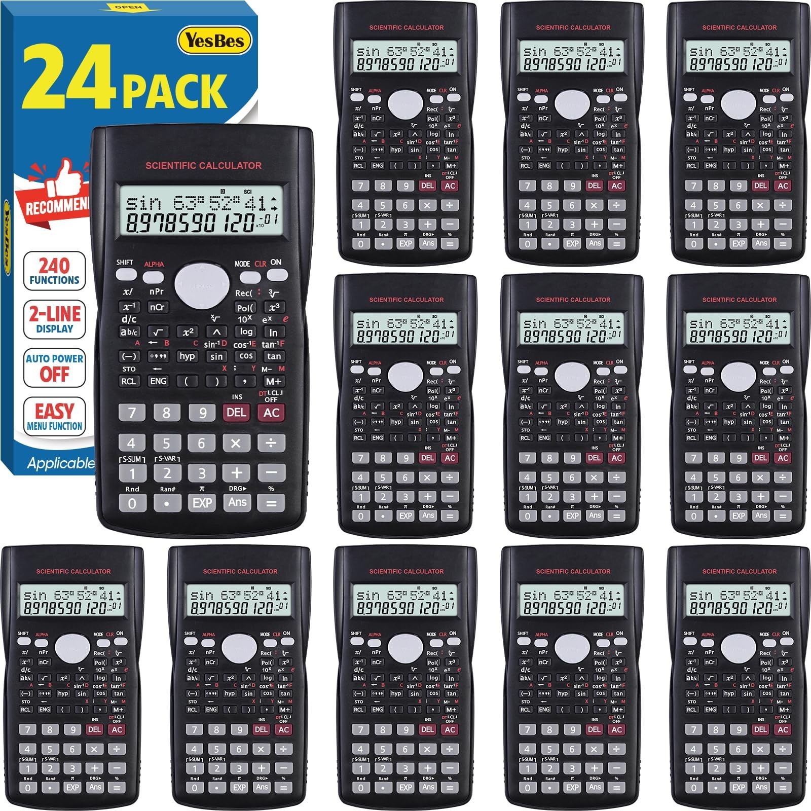 24 Pack Scientific Calculators Bulk, 2-Line Large Screen Display 240 Function...