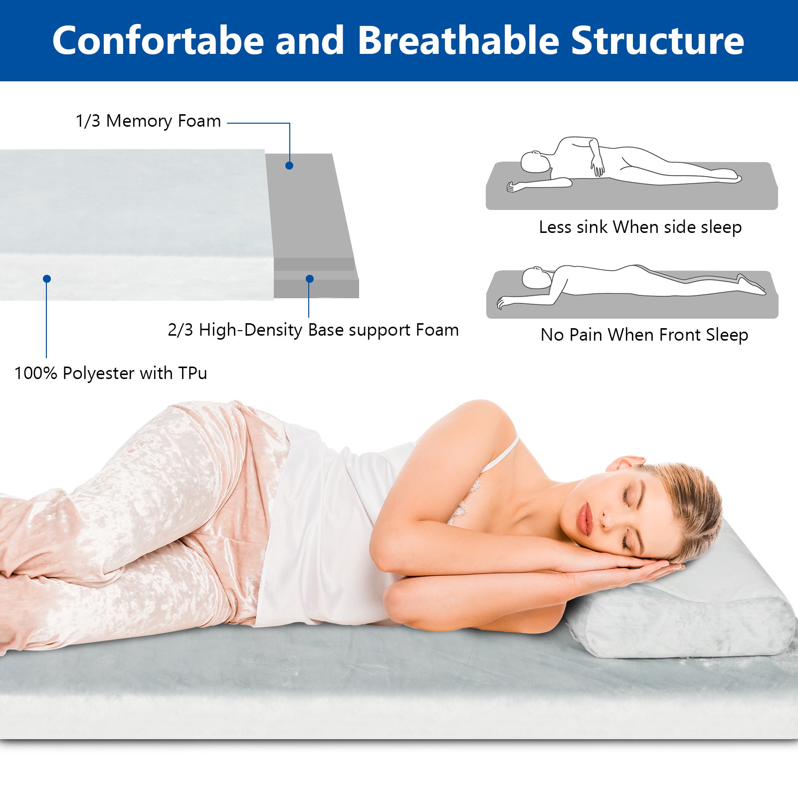 Camping Mattress with Pillow 75" In/Outdoor Memory Foam Pad Portable Roll Up