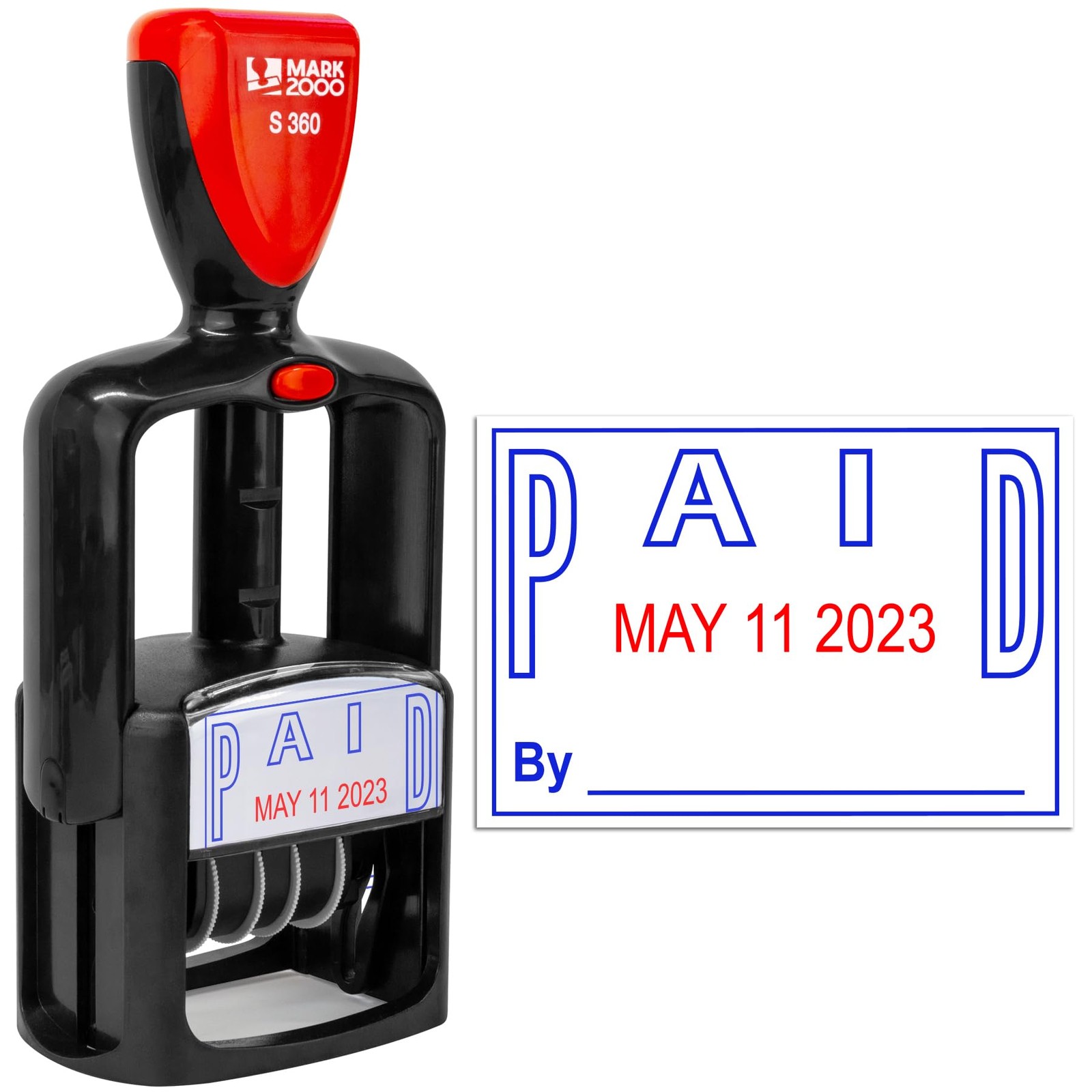 SelfInking Rubber Date Office Stamp Paid Phrase Blue Date Red 12Year Band