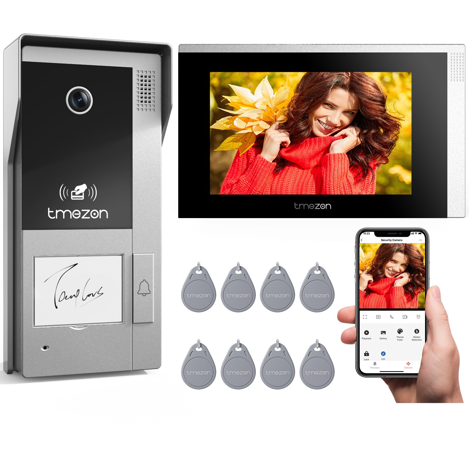 TMEZON WiFi Video Intercom System Doorbell with Camera 7'' Touch Monitor RFID