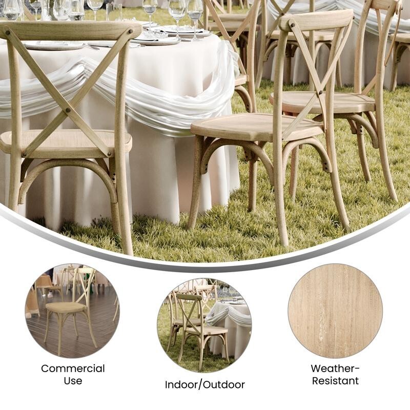 10 PACK Bistro Style Cross Back Restaurant Dining Chair in Resin Light Oak Finis