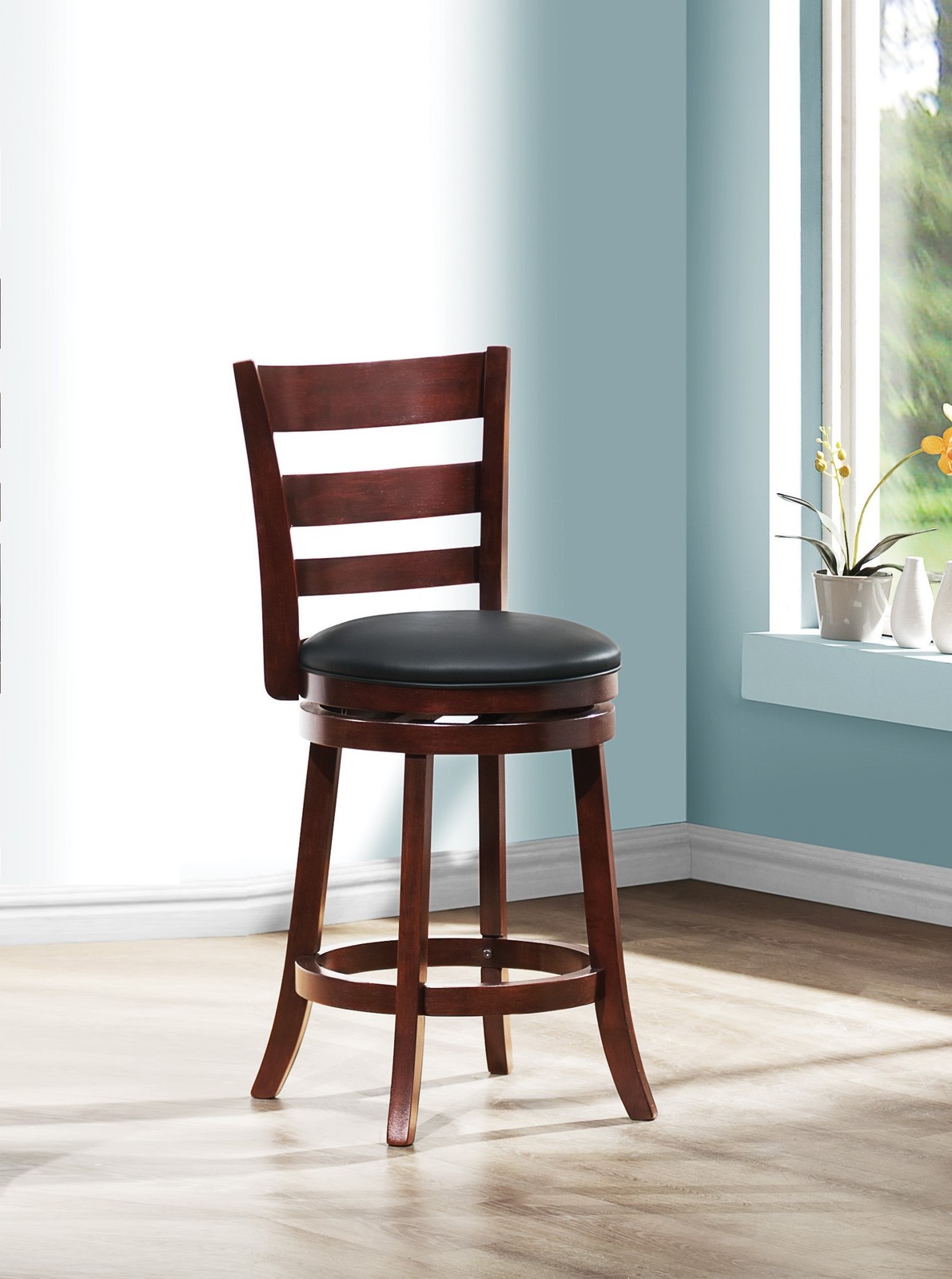 360-Degree Swivel Counter Height Chair Dark Cherry Finish Comfortable Footrest