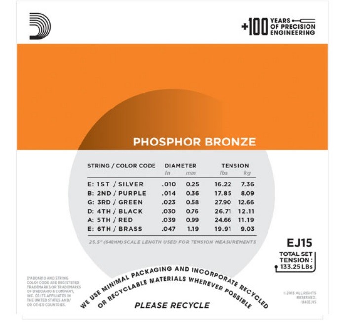 3 Set D'Addario EJ15 Acoustic Guitar Strings Extra Light Phosphor Bronze EJ15-3D