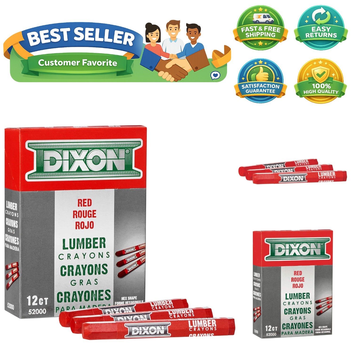 Industrial Lumber Marking Crayons, 4.5" x 1/2" Hex, Red, 12-Pack 52000