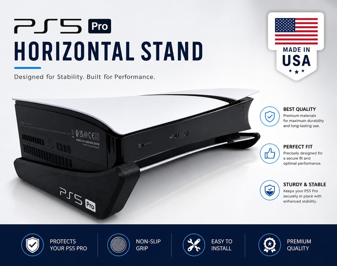 PS5 Pro Horizontal Stand Holder Base Stabilizer Dock Console Support Made in USA