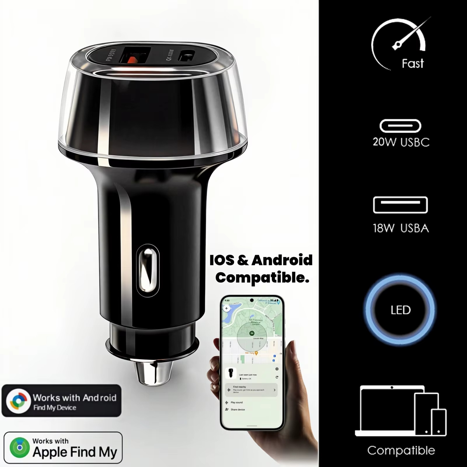 GPS Tracker/Locator and Charger USB 30W Type C QC3.0 Works with iOS and Android