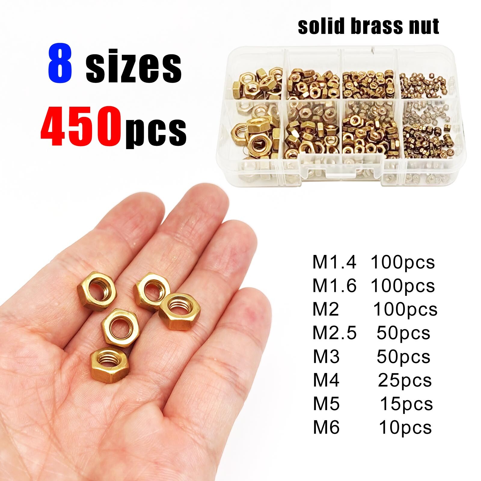 450pcs/box Mix M1.4-M6 Small Micro Hex Hexagon Nut Assortment Kit Solid Brass