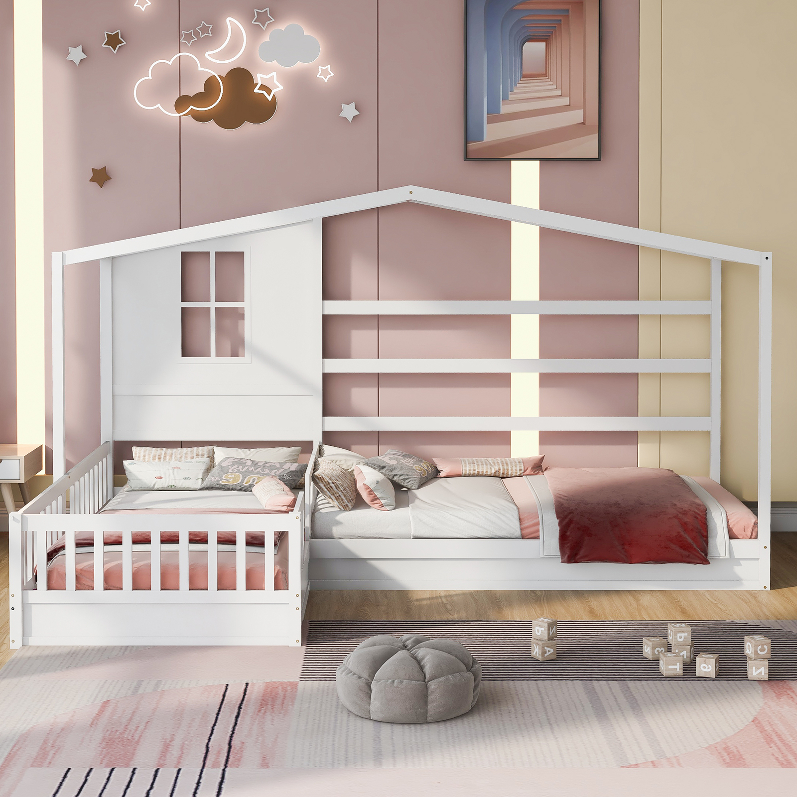L -Shaped 2 Twin Size Bed Frame House Bed With Fence  Wood Slatted White
