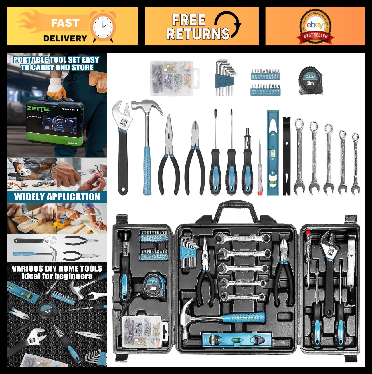 144-Piece Home Tool Kit Set with Storage Box, Hammer, Pliers, Wrenches & More