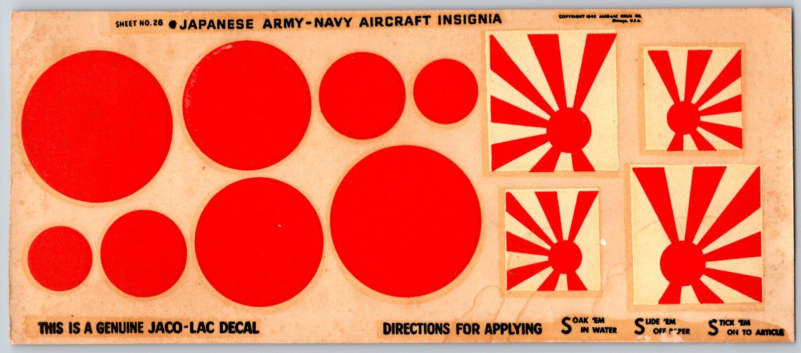 1942 Vintage Jaco-Lac Japanese Army-Navy Aircraft Insignia Decal Sheet 4x9
