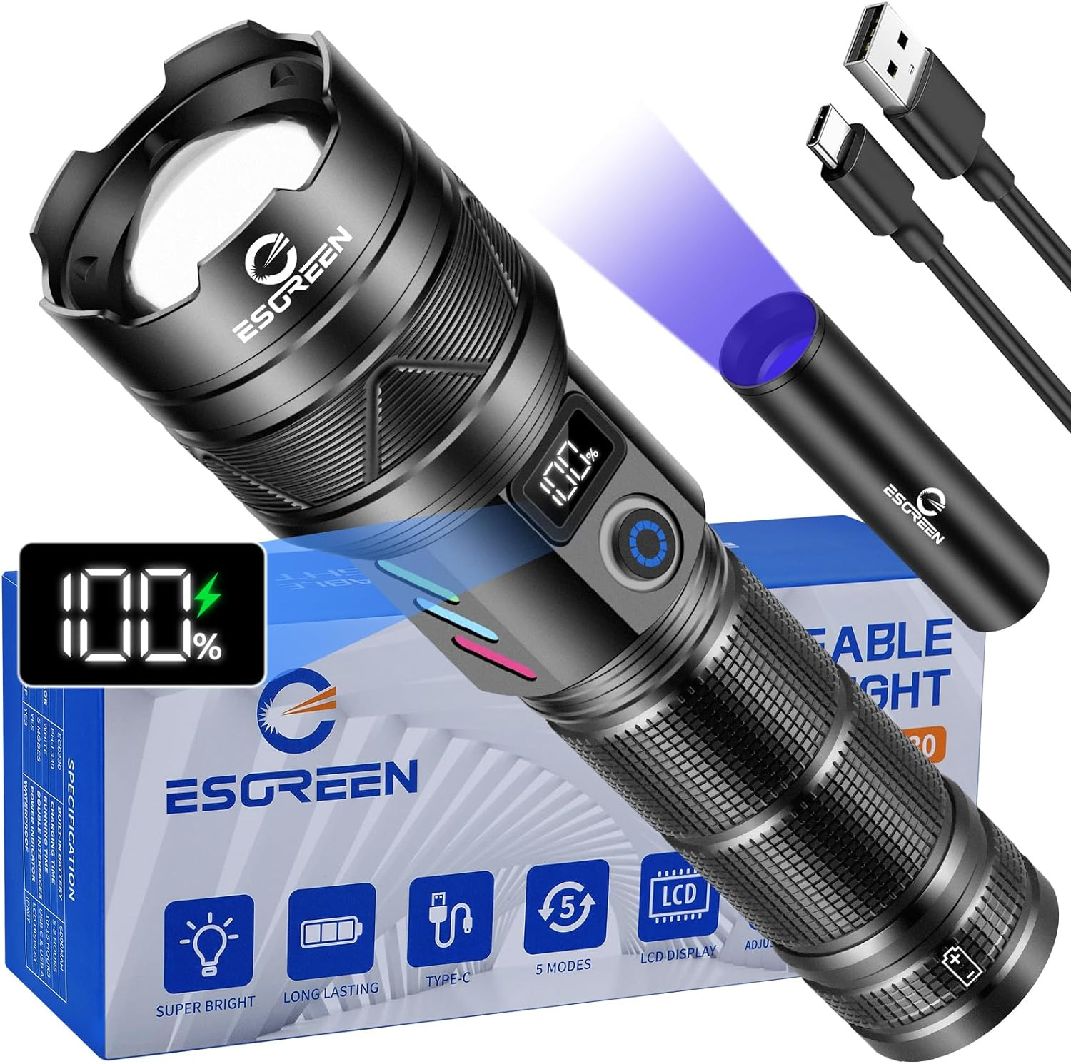 Rechargeable Flashlights 100000 High Lumens, Long Range 5000Ft, Super Bright LED