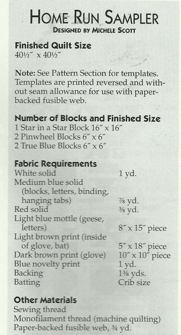 D0137 HOME RUN SAMPLER WALLHANGING QUILT PATTERN/INSTRUCTIONS