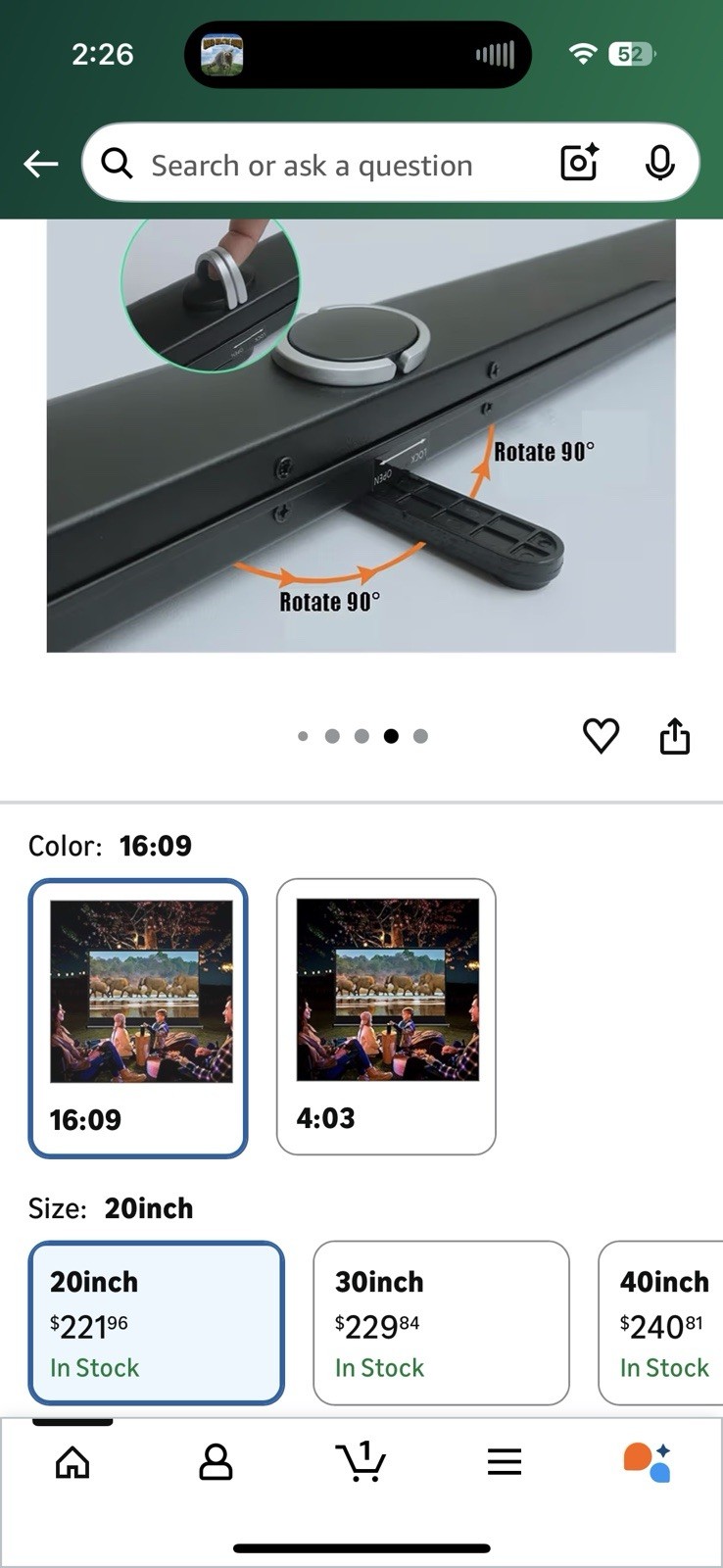 Projector Screen 20 Inch. 16:09