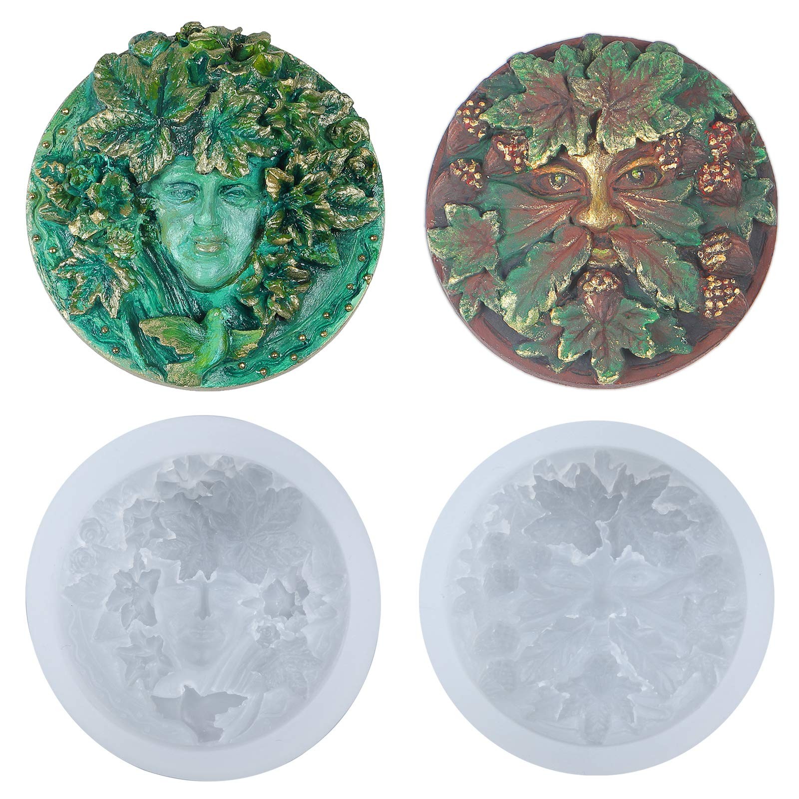 Greenman and Greenwoman Plaque Sculpture Silicone Molds Set for Fondant Green