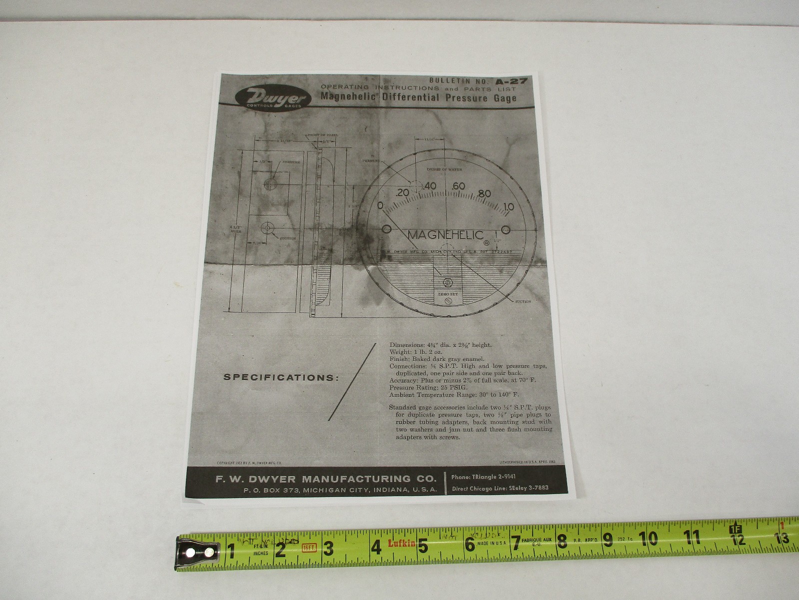 DWYER Instruments MAGNEHELIC Pressure Gage Operation Manual & Parts List A-27