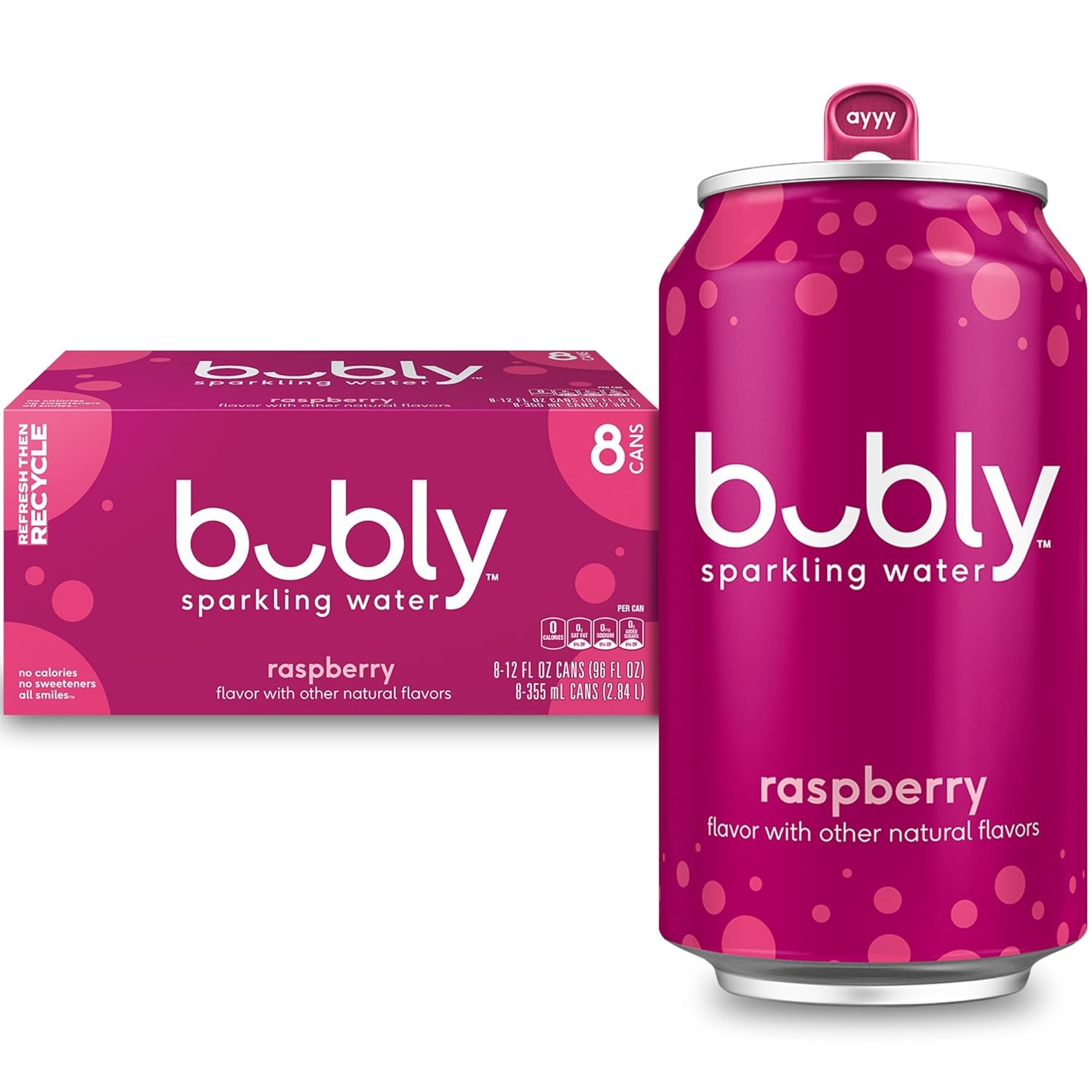 Bubly Agua con gas, frambuesa, cero azúcar y cero calorías, agua con burbujas,