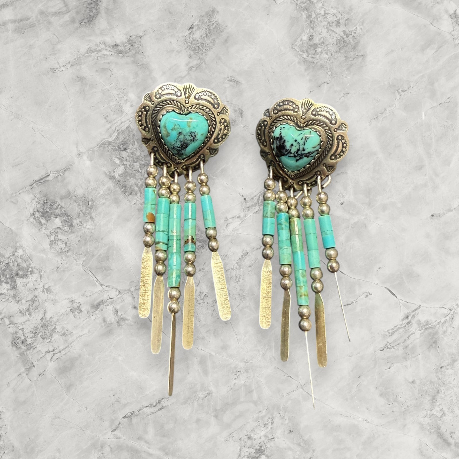 VINTAGE NAVAJO Q.T. STERLING SILVER DANGLING TURQUOISE HEART PIERCED EARRINGS.