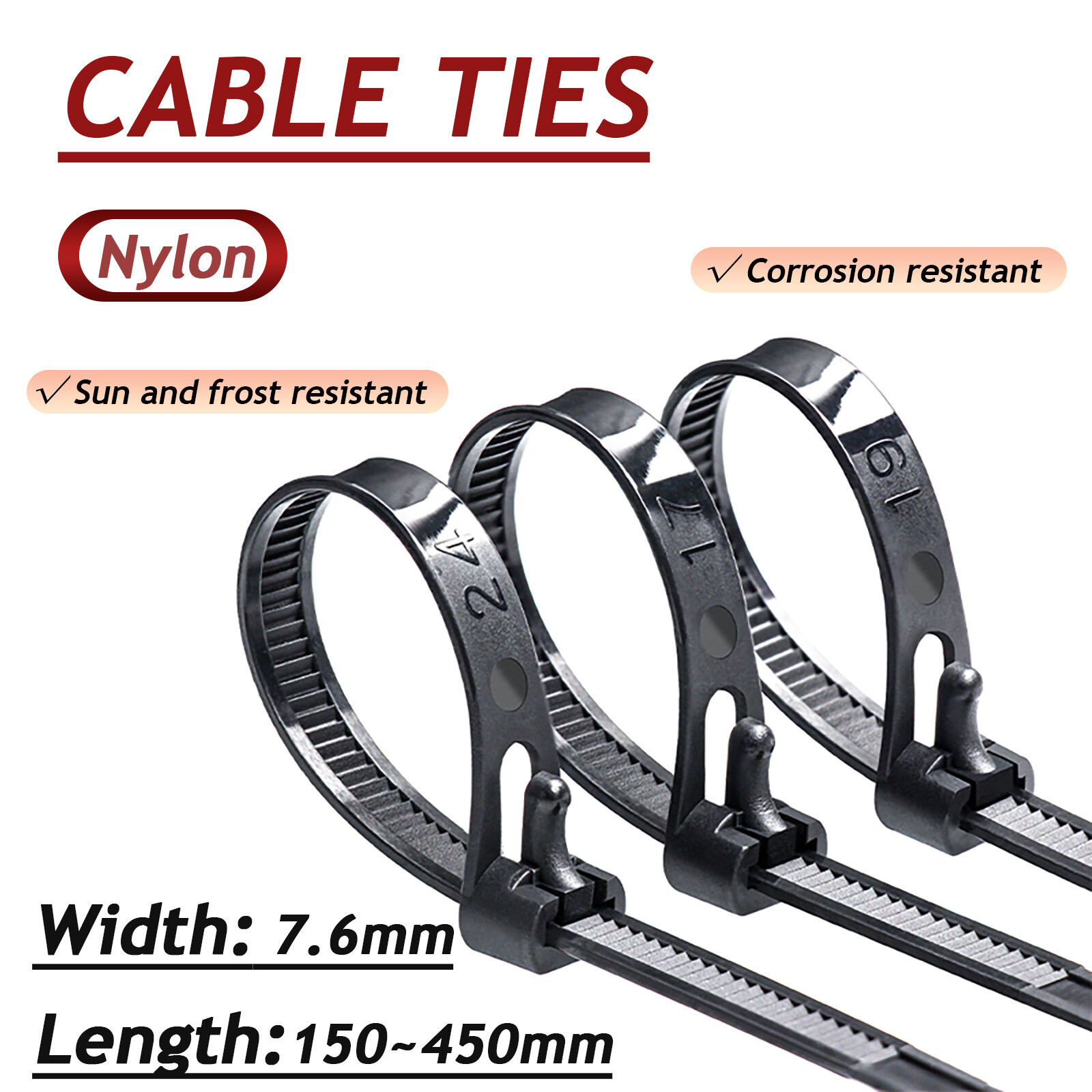 Black & White Releasable Reusable Strong Cable Zip Ties Wraps 7.6mm x 150~450mm