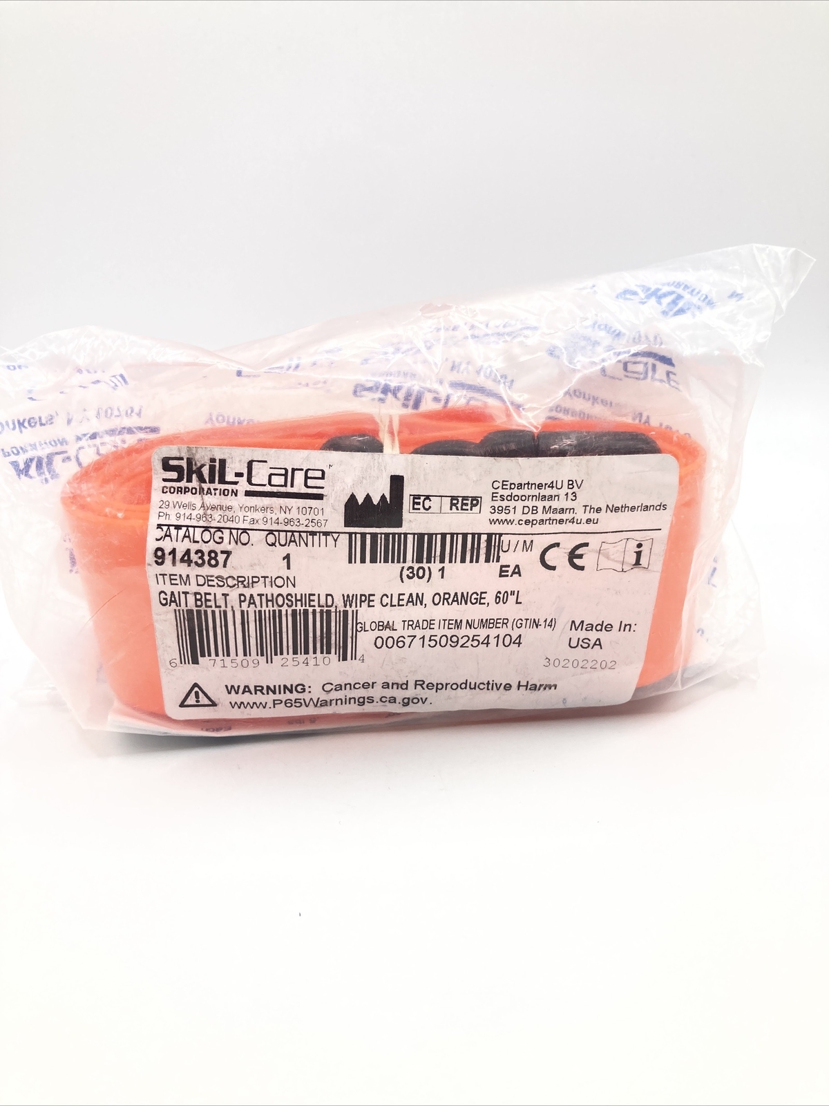 SkiL-Care Gait Belt 60" Length Orange #914387 Quick Release Pathoshield New