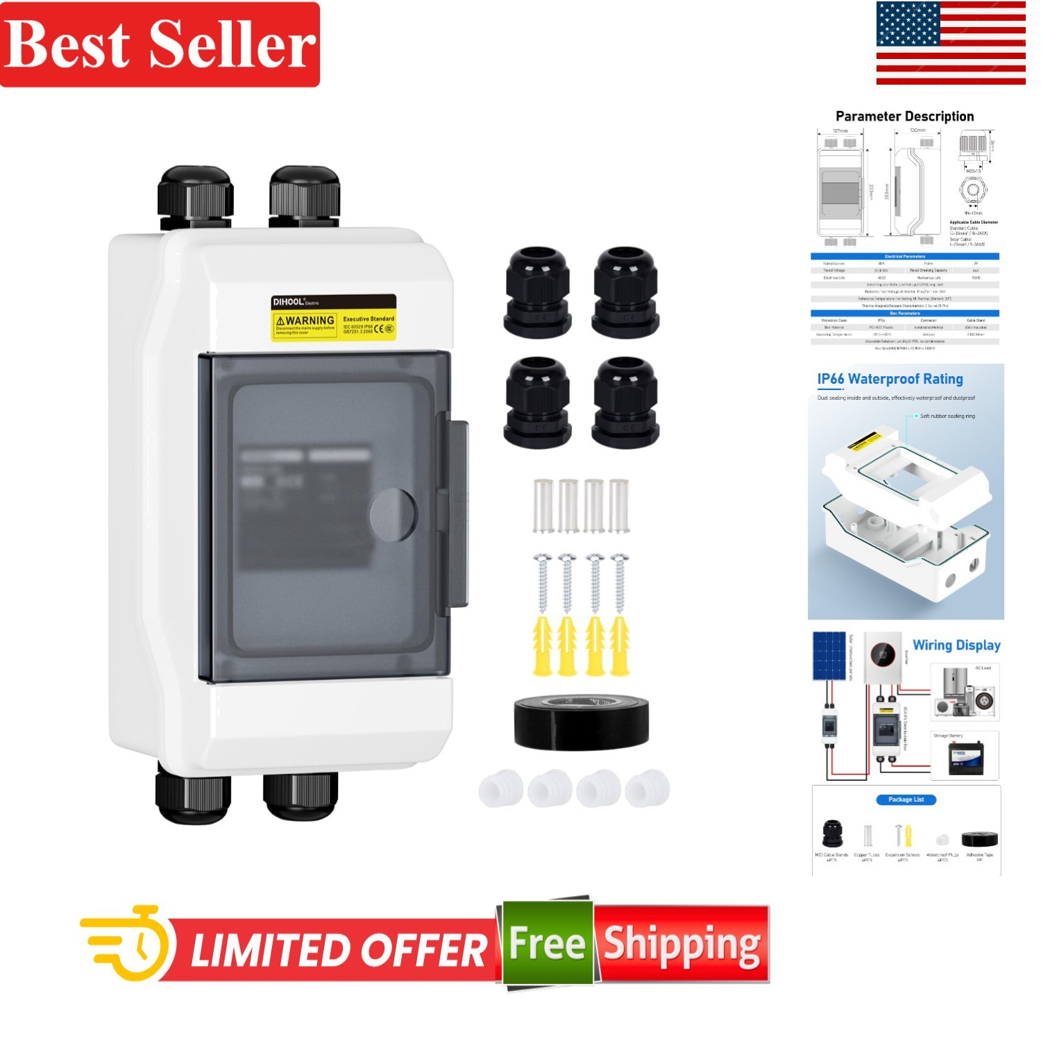 Solar Panel Disconnect Switch 80A DC 1000V Circuit Breaker Box Waterproof