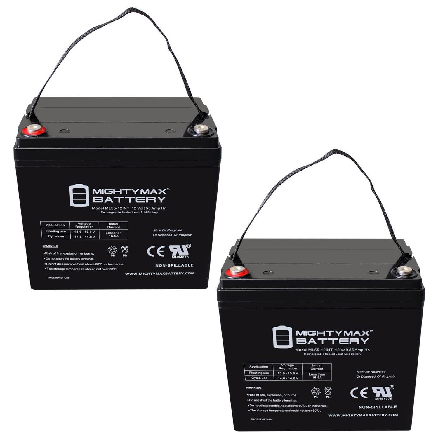 Mighty Max 12V 55Ah Internal Thread Battery for Quantum QG Edge NF55 - 2 Pack