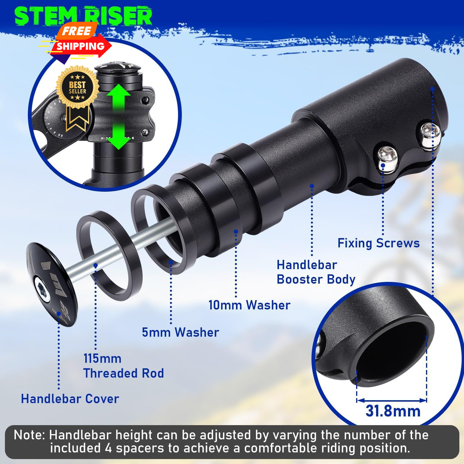 Bike Stem Riser & Adjustable Set, 31.8mm Handlebar Angle Medium, black