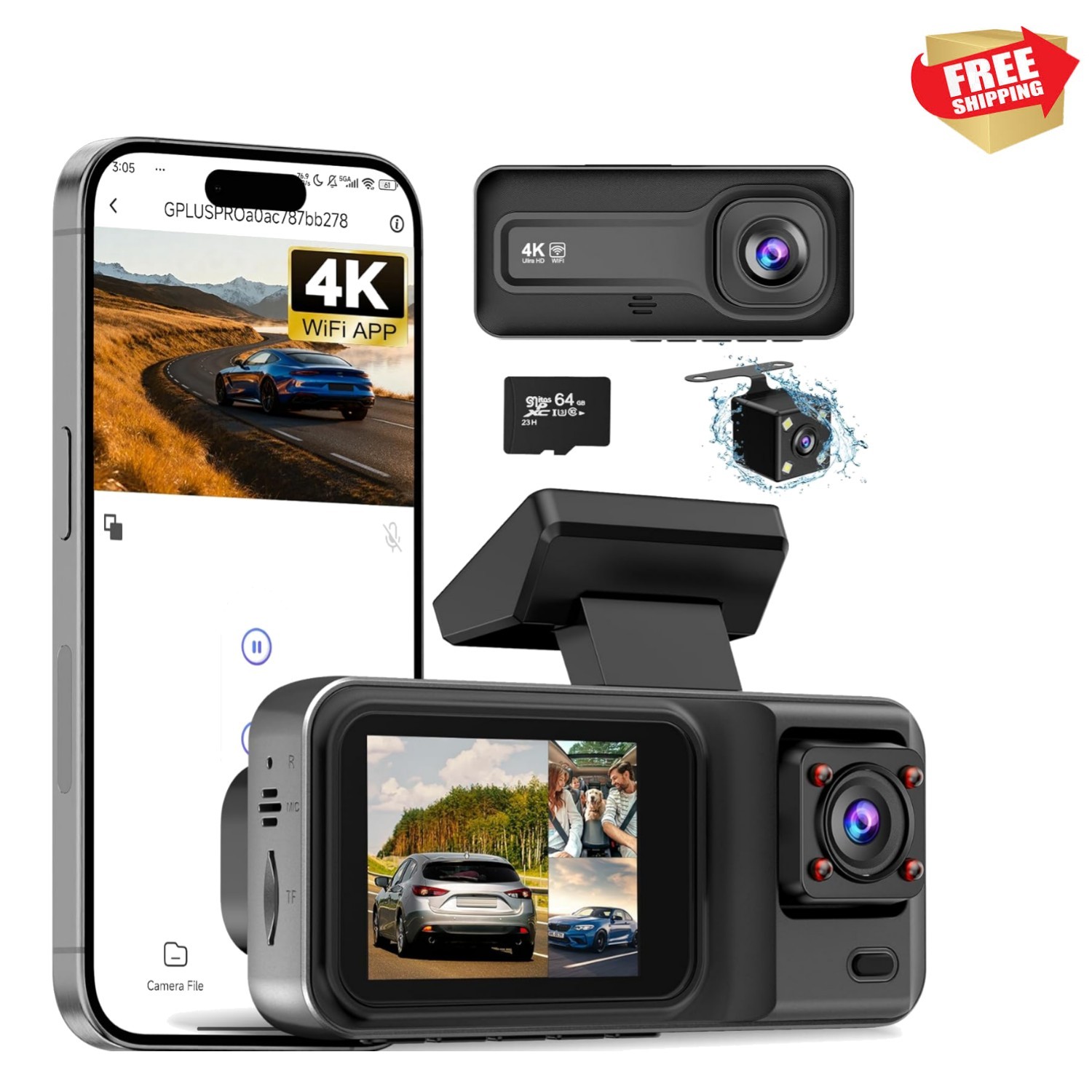 3-Channel 4K Dash Cam with Night Vision & 64GB Card - Full Protection for Cars