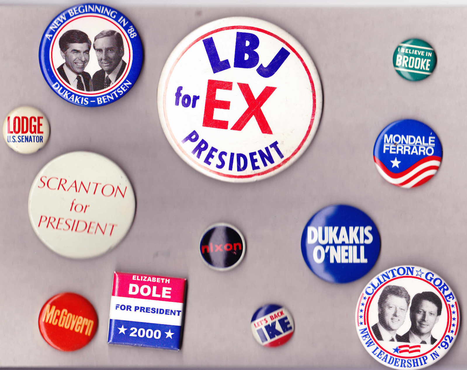 Political Campaign Pin Buttons - 12 different LBJ, CLINTON, NIXON, IKE, McGovern