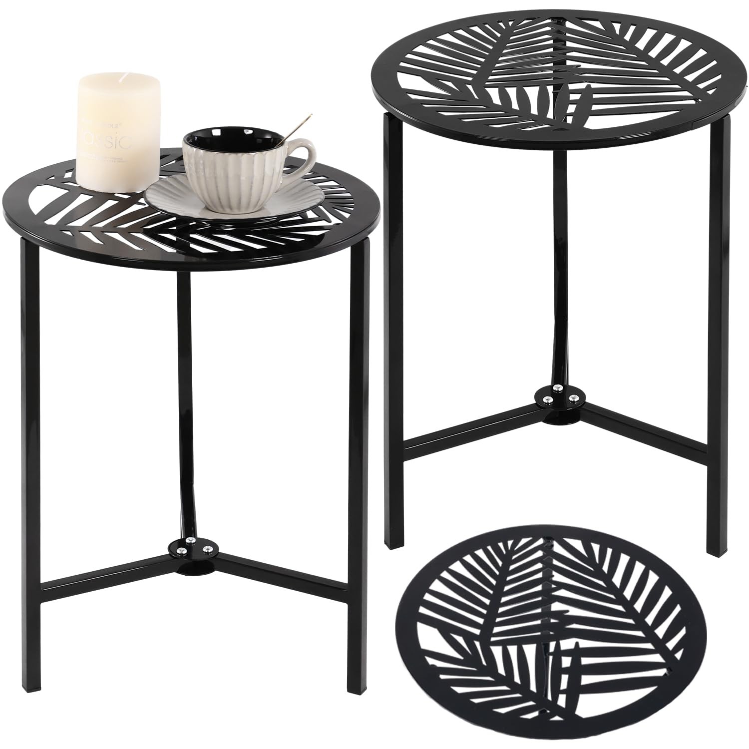 Party Zealot Set of 2 Small Round Metal Side Tables, 13-Inch Black Outdoor End T