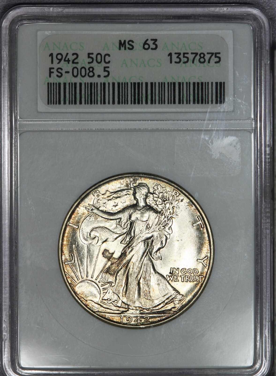 1942 Walking Liberty Half Dollar 50c ANACS MS63 Old Holder - FS-008.5 DDO